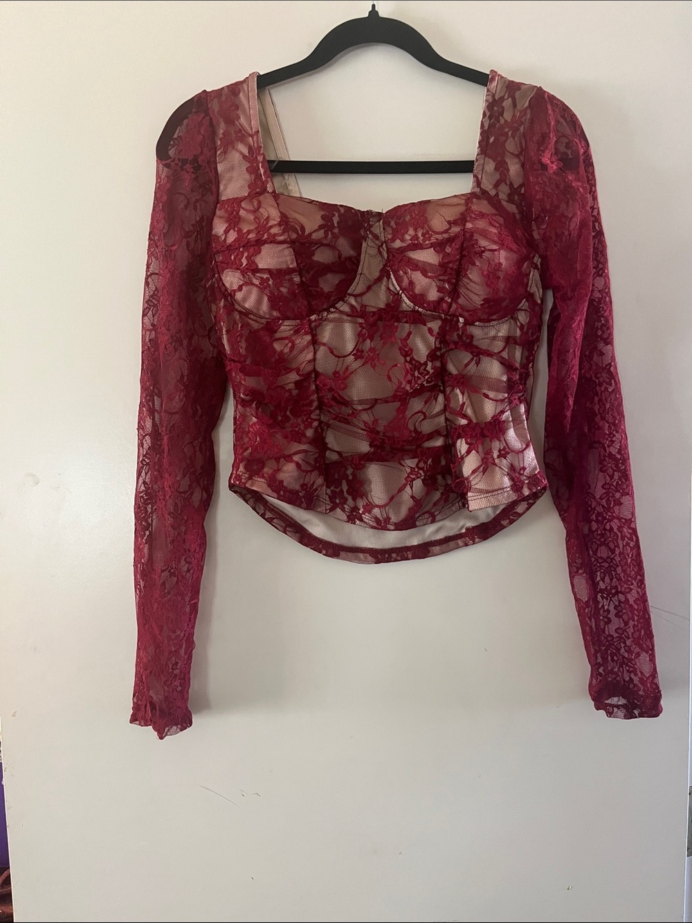 Madden Girl Wine Lace Long Sleeve Sweetheart Corset Top - Picture 2 of 5